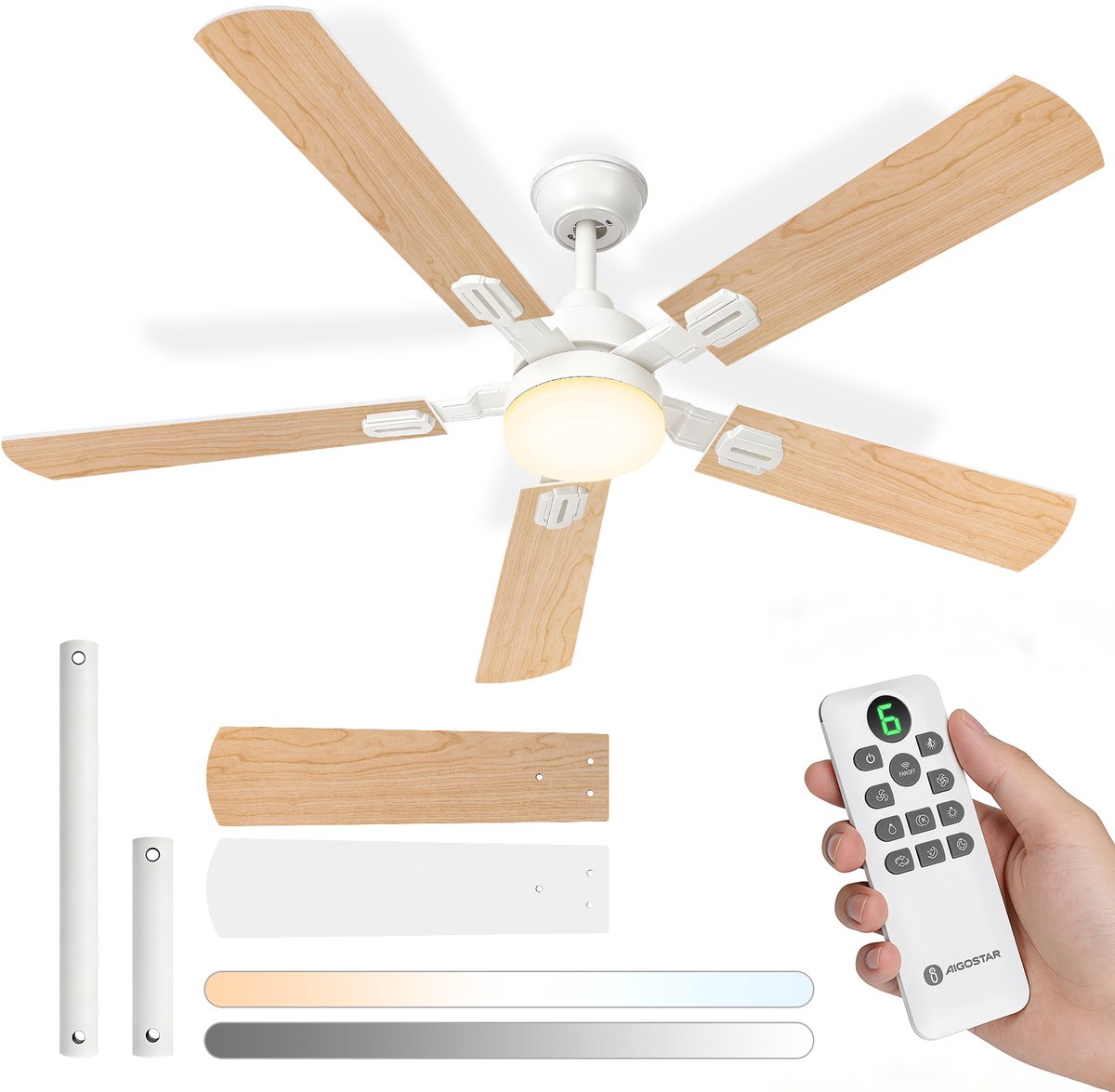Aigostar Plafondventilator met Verlichting - Ø 132cm - Afstandsbediening- 6 Snelheden - Timer - Zomer/Winter functie - Plafondlamp met ventilator - Wit