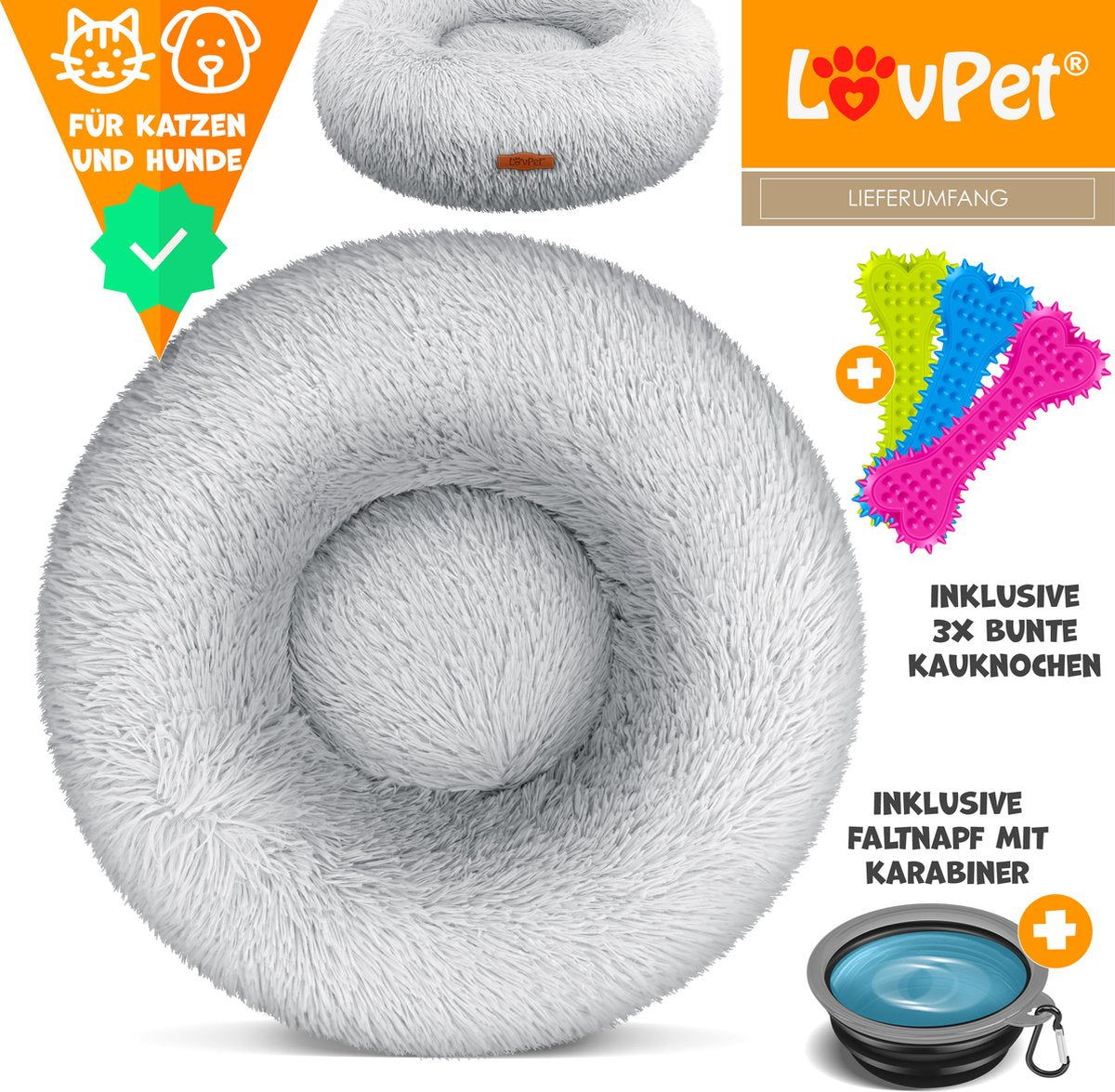 LOVPET® Hondenbed / Hondenmand / Hondenkussen Kattenbed Bagel, Afwasbaar, Incl. Kom + 3x Kauwbotjes, Hondenbank Pluche Kussen Rond Pluche Voor Kleine, Middelgrote & Grote Honden, Katten - 4XL (120 x 120 cm), Lichtgrijs