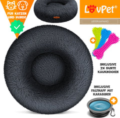 LOVPET® Hondenbed / Hondenmand / Hondenkussen Kattenbed Bagel, Afwasbaar, Incl. Kom + 3x Kauwbotjes, Hondenbank Pluche Kussen Rond Pluche Voor Kleine, Middelgrote & Grote Honden, Katten - 4XL (120 x 120 cm), Antraciet