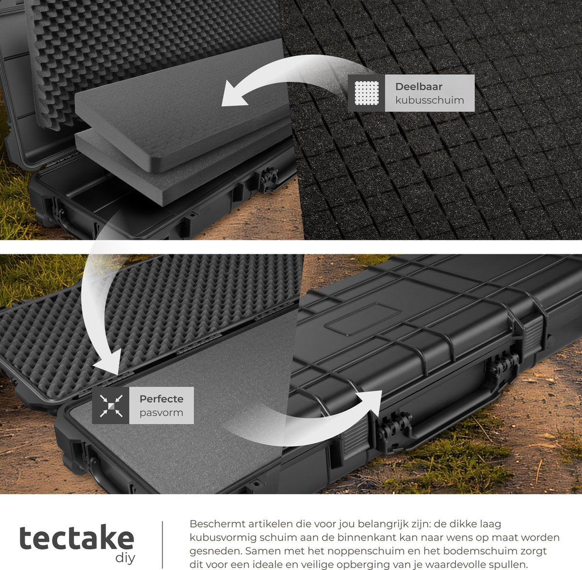 tectake® - Universele box koffer lang - Camerakoffer - Draagbaar (3 handgrepen) - Incl. schuimstof, 2 wielen en knipsluitingen - Harde schaal - 113,5 x 41 x 16 cm - Trolley