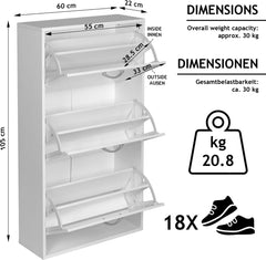 MIADOMODO- Schoenenkast - 3 kleppen, wit, smal, MDF, (W/H/D) 59 x 105 x 22 cm, verstelbaar, 2 schoenenrekken per kipper, tot 18 schoenen - schoenenkipper, schoenencommode, schoenenrek