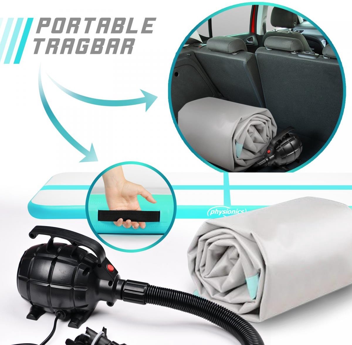 Opblaasbare PVC gym mat, 3 x 1 meter, met elektrische luchtpomp, gymnastiekmat, trainingsmat, fitnessmat