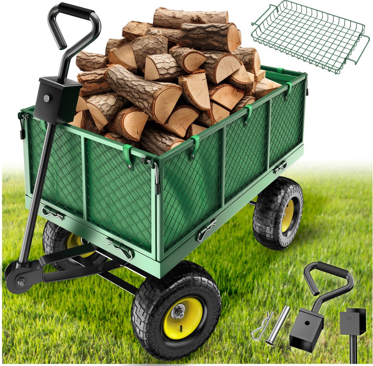tectake® XXL Bolderkar met Luchtbanden - Tuinkar - Transportwagen - Handkar met 550 kg Capaciteit - Incl. Dekzeil, Afneembaar Handvat en Scharnierende Zijpanelen •