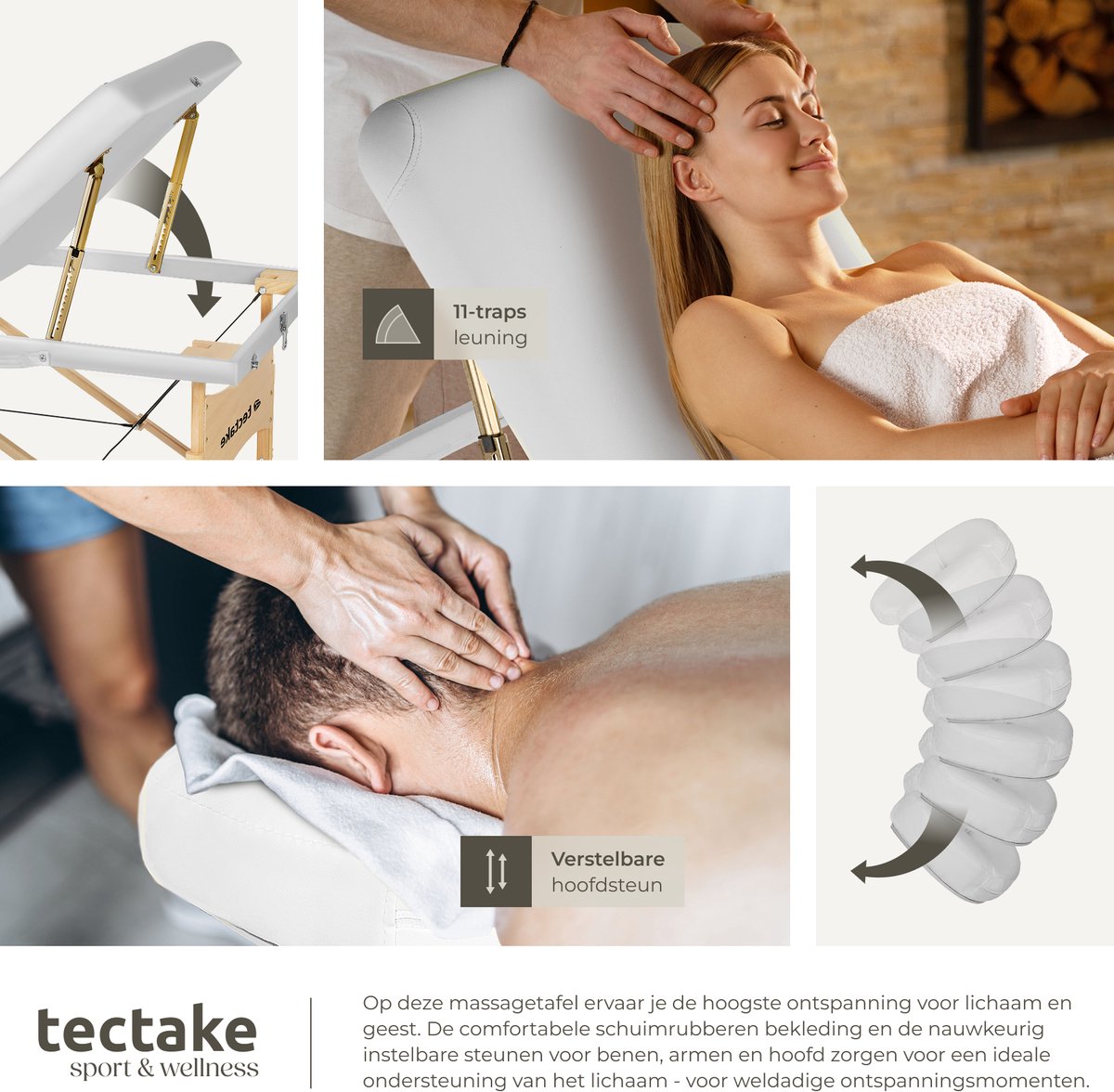 tectake® 3-zone massagetafel - Draagvermogen 250 kg - Mobiele massagebank - Houten frame - Behandeltafel - Inclusief draagtas, hoofdsteun en armleuning - Dikte matras 7,5 cm - In hoogte verstelbaar - Afmeting (LxBxH) 218x102x65 - 90 cm - Wit