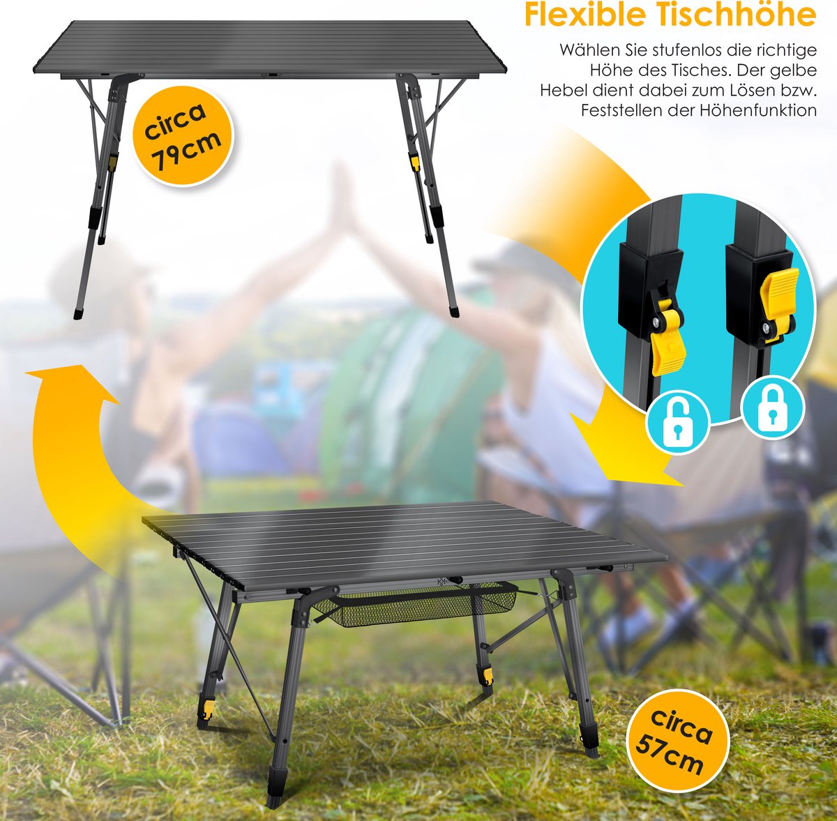 KESSER® Campingtafel Opvouwbaar - Verstelbaar - 120x70 cm - Antraciet