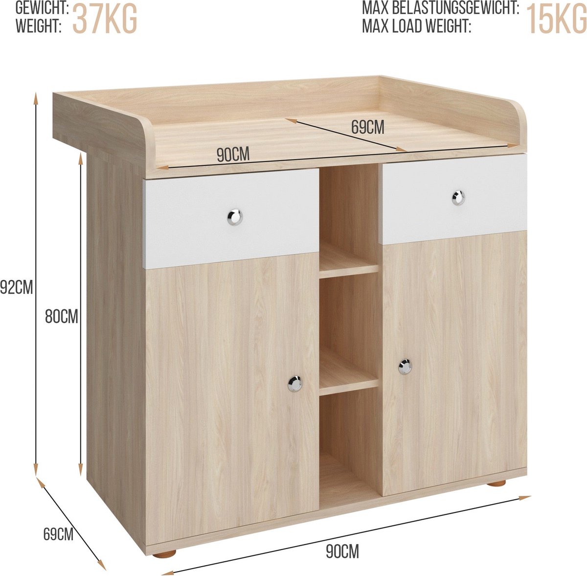 Infantastic - Babycommode met 2 grote lades en 5 vakken - Ladekast met Opbergrumte - Veelzijdig Omkleedmeubel met Organiser - 90x69x92 cm (LxBxH) - Eiken-Fineer