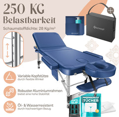 KESSER® Massagetafel inklapbaar 180x61x90cm | Behandeltafel 225kg Draagvermogen & In Hoogte Verstelbaar | Mobiele Massagebank 3-Zone | Aluminium Massagebed met Hoofdsteunen Armsteunen & opbergtas - Marineblauw