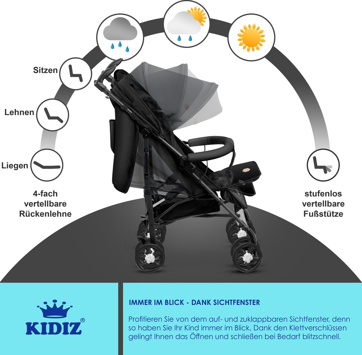 KIDIZ® Kinderwagen / Wandelwagen City-Pro Buggy Kinderbuggy Opvouwbaar Liggende wandelwagen Kinderwagen Opvouwbaar 360° 6-inch wielen Incl. muggennet, voetenzak en regenhoes Opvouwbaar Slaapfunctie - Zwart