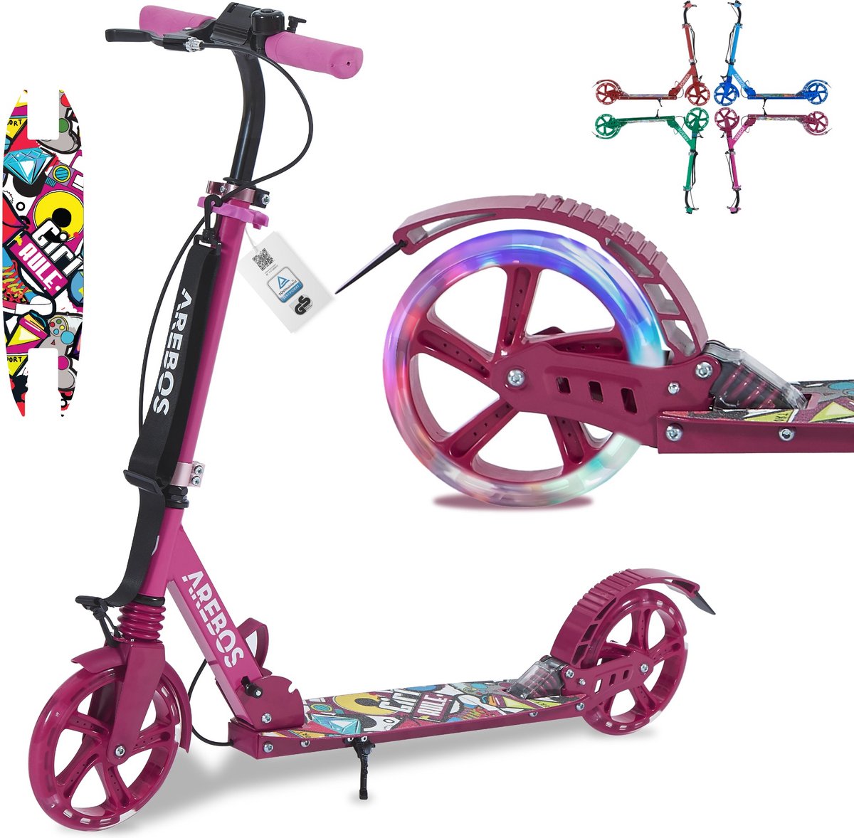 Kinderstep - LED Wielen - Verstelbaar - Vouwbaar - Roze - Arebos