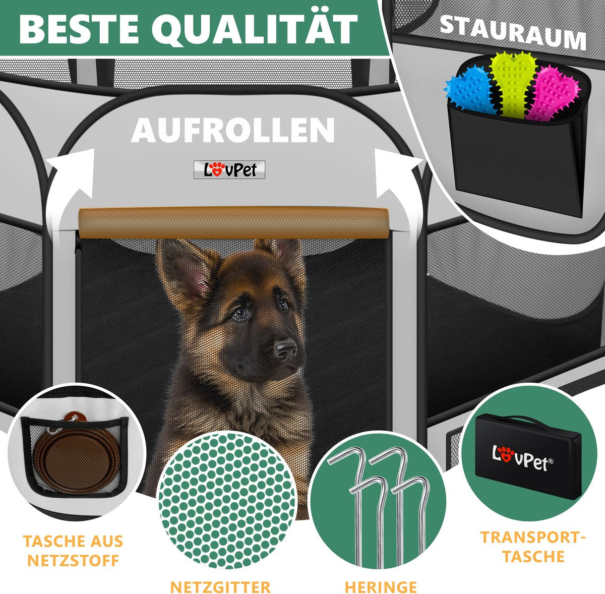 LOVPET® Puppyren voor Kleine Dieren Honden Katten - Opvouwbaar Hondenren inclusief kom en Haringen - Puppy Ren Pop-up Systeem Indoor & Outdoor Konijnenren - Lichtgrijs
