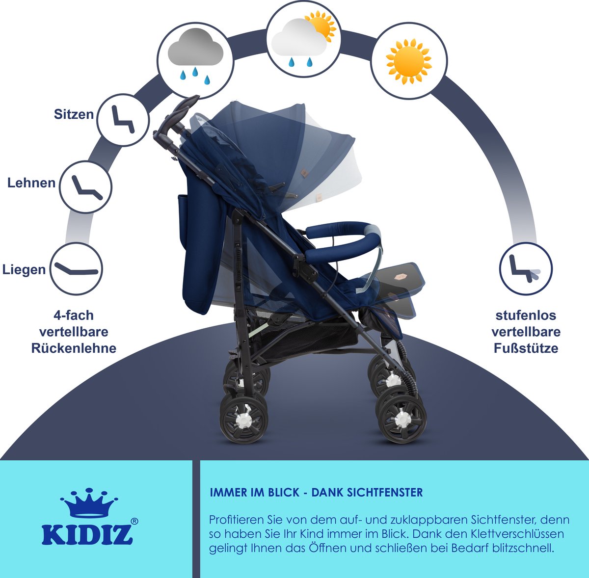 KIDIZ® Kinderwagen - Wandelwagen - Kinderbuggy - Blauw •