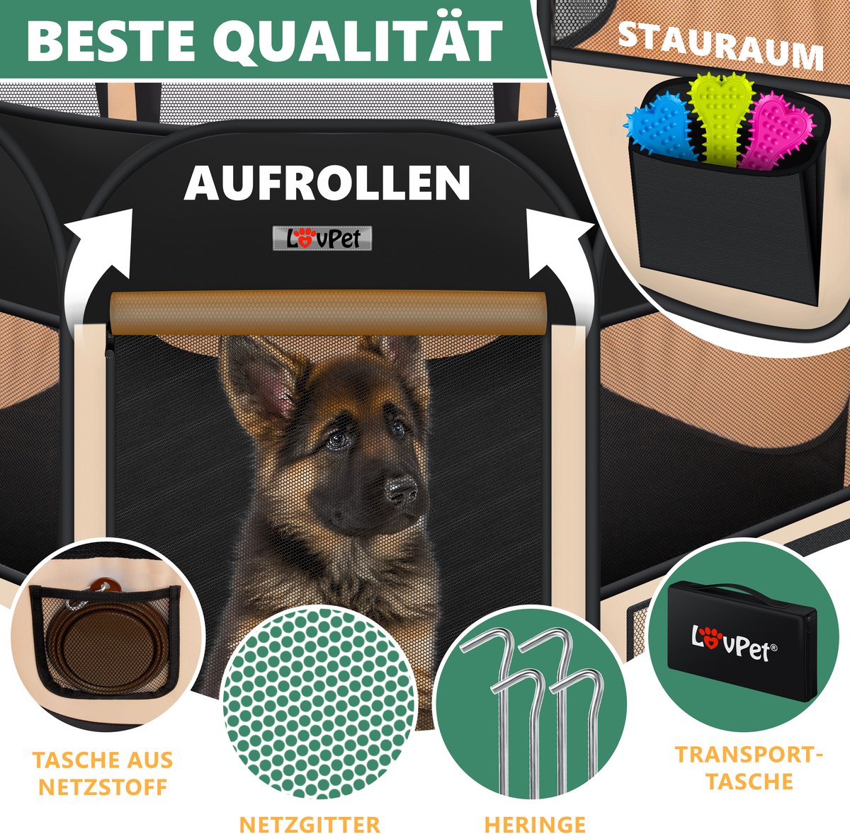 LOVPET® Puppyren voor Kleine Dieren Honden Katten - Opvouwbaar Hondenren inclusief kom en Haringen - Puppy Ren Pop-up Systeem Indoor & Outdoor Konijnenren - Beige