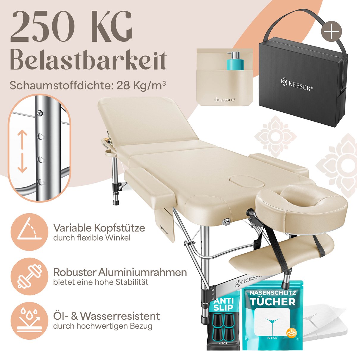 KESSER® Massagetafel inklapbaar 180x61x90cm | Behandeltafel 225kg Draagvermogen & In Hoogte Verstelbaar | Mobiele Massagebank 3-Zone | Aluminium Massagebed met Hoofdsteunen Armsteunen & opbergtas - Beige