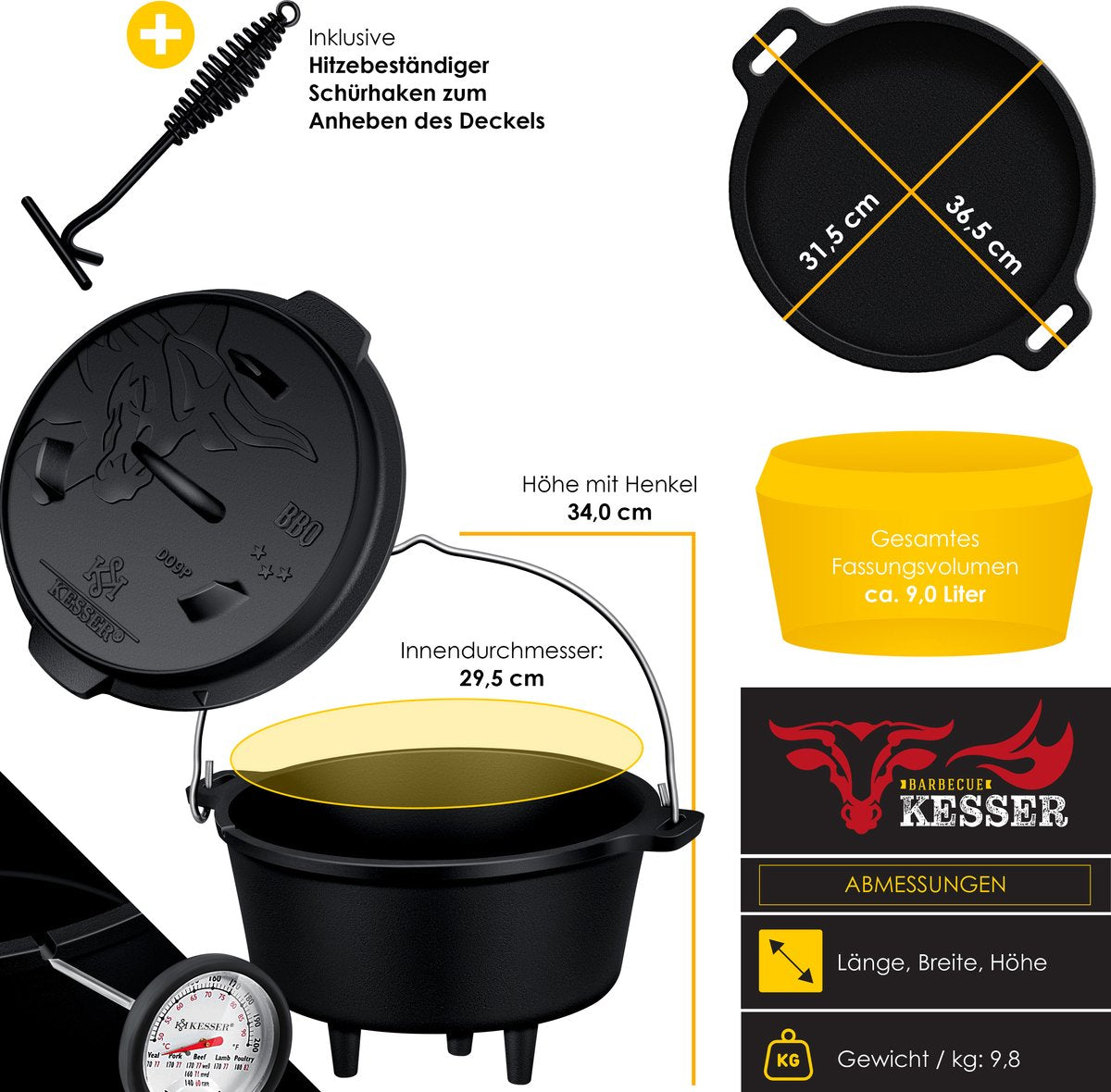 KESSER® Dutch Oven Set - 9L - Vuurpan - Stoofpan - Gietijzeren pan