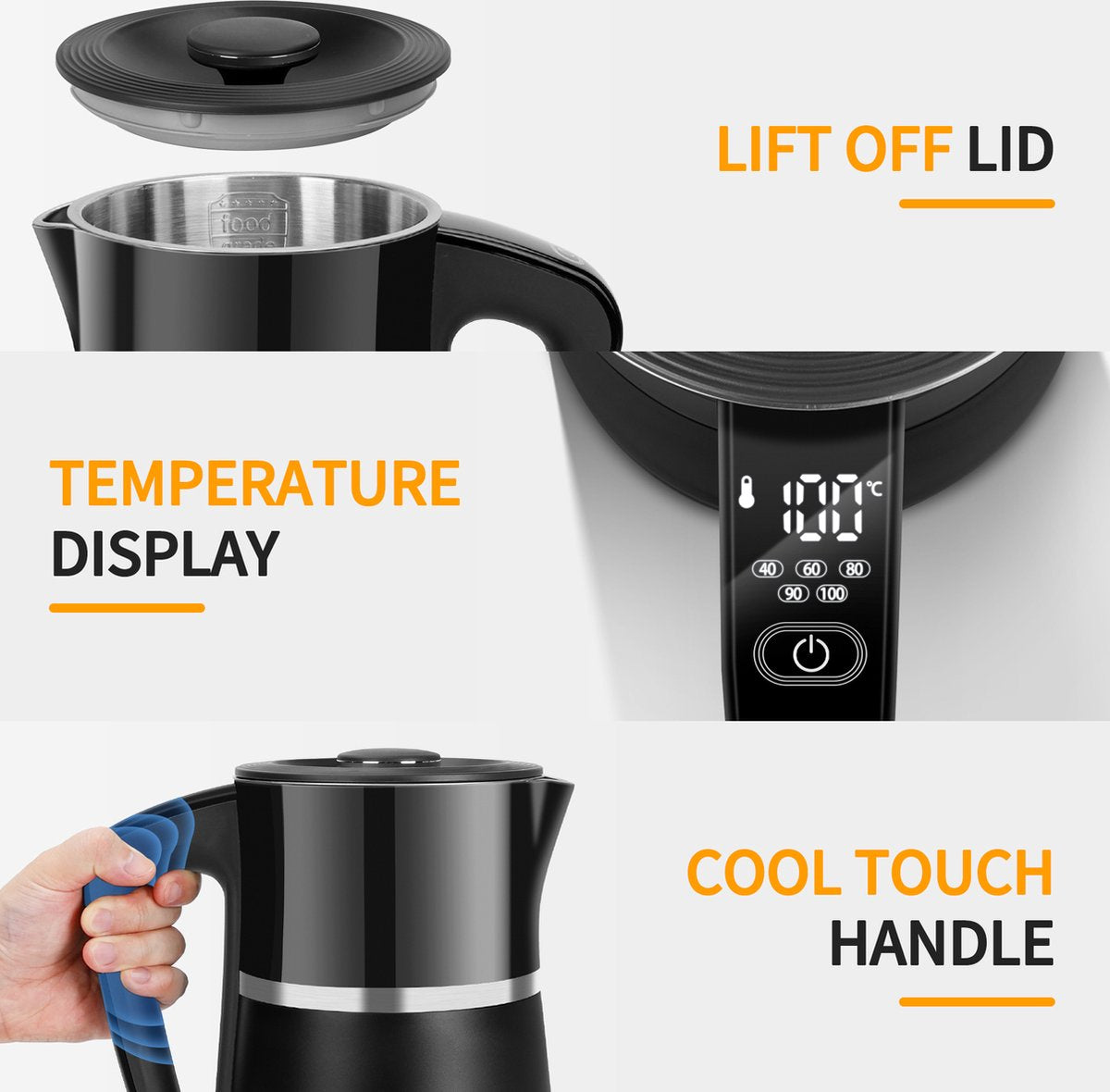 Waterkoker met temperatuurregeling - met LED - 1.7L - 2200W - Zwart