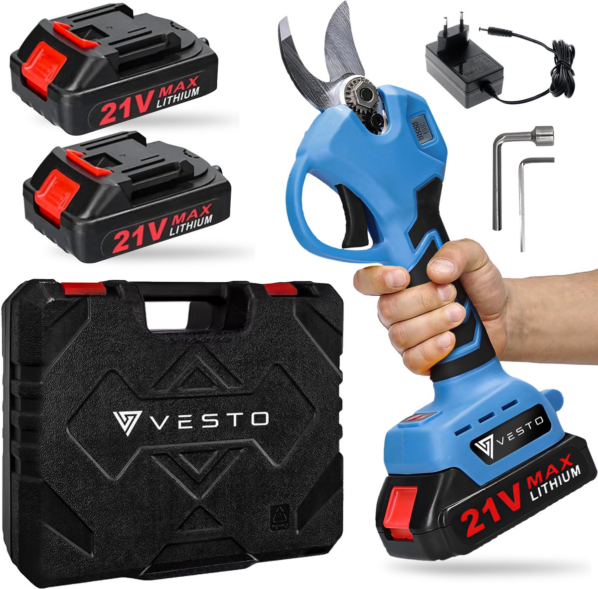 Vesto® Elektrische Snoeischaar - Draadloos met 2 Accu's en Opbergkoffer - Professioneel Takkenschaar voor 28mm - Tuinschaar - Heggenschaar op Batterij - Voor Snoeien van Takken & Heggen