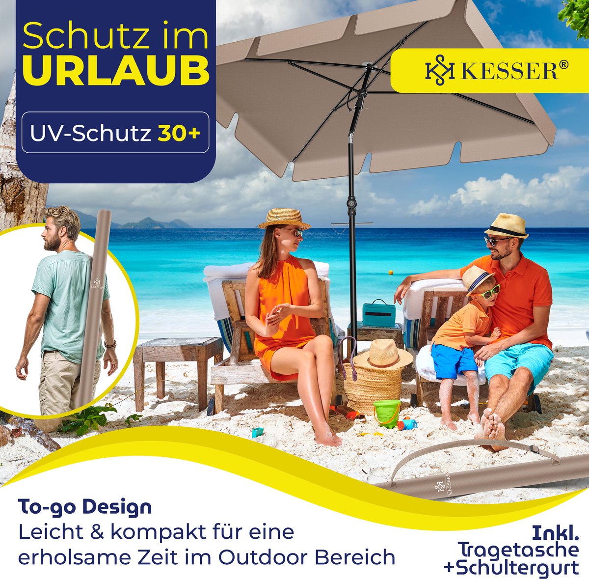KESSER® Stokparasol Inclusief Beschermhoes & Draagtas 200 × 125cm - Parasol voor Balkon, Tuin & Terras Tuinparasol Strandparasol - Taupe