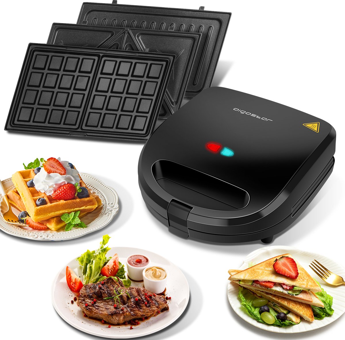 Tosti apparaat - Tosti ijzer - Contactgrill - Wafelijzer - 750W - Zwart - Aigostar