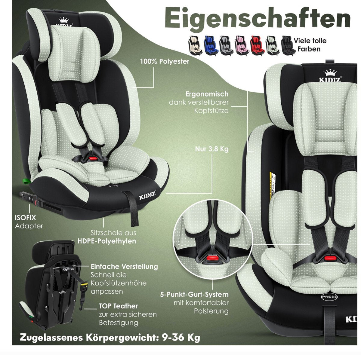 KIDIZ® Autostoeltje - 5-punts veiligheidsgordel - Groen