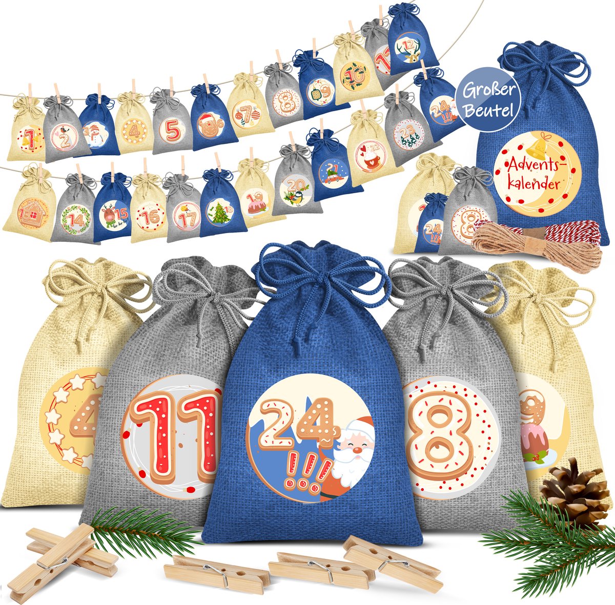 KESSER® Adventskalender om zelf te vullen 24 Jute Zakjes Bedrukte Stoffen Kerst Zakjes Incl. 24x Labels + 1 Grote Stoffen Opbergzak Advent Kalender - Blauw / Gekleurd - 16cm x 12cm