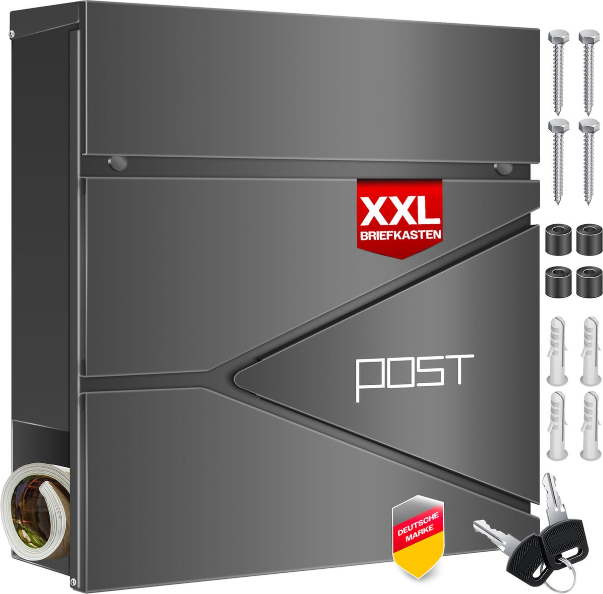 KESSER® Brievenbus met Krantenvak Wandmontage Roestvrij Staal - Wandbrievenbus inclusief Montagemateriaal 2x Sleutels, Afsluitbaar, Softclose-deksel - Antraciet