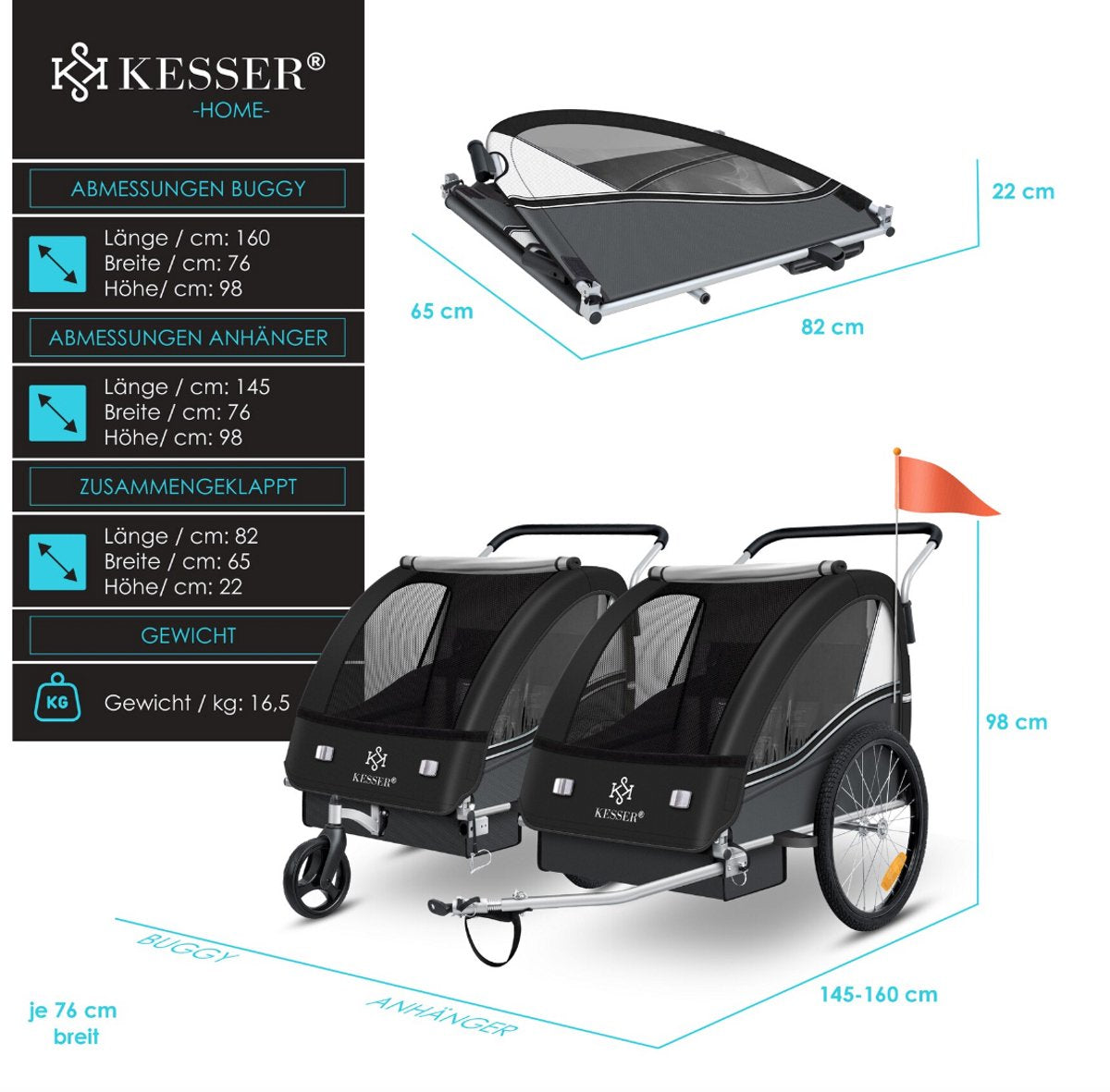 Fietskar kinderen - Fietsaanhanger - tot 40kg - Zwart •