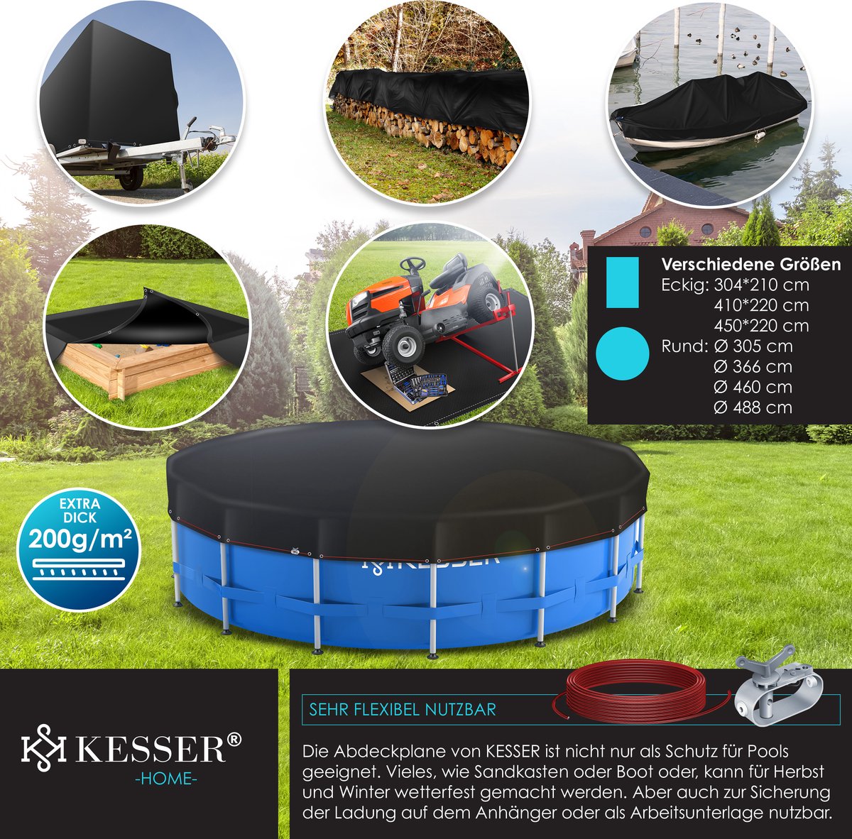 KESSER® Zwembad zonnezeil - Afdekzeil - Ø366cm - Zwart •