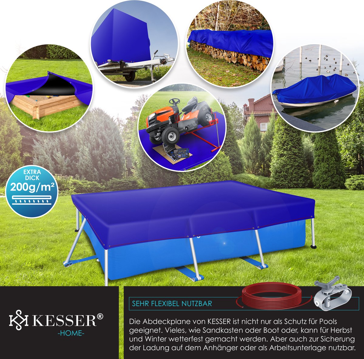KESSER® Zwembad zonnezeil - Afdekzeil - 304x210cm - Blauw •
