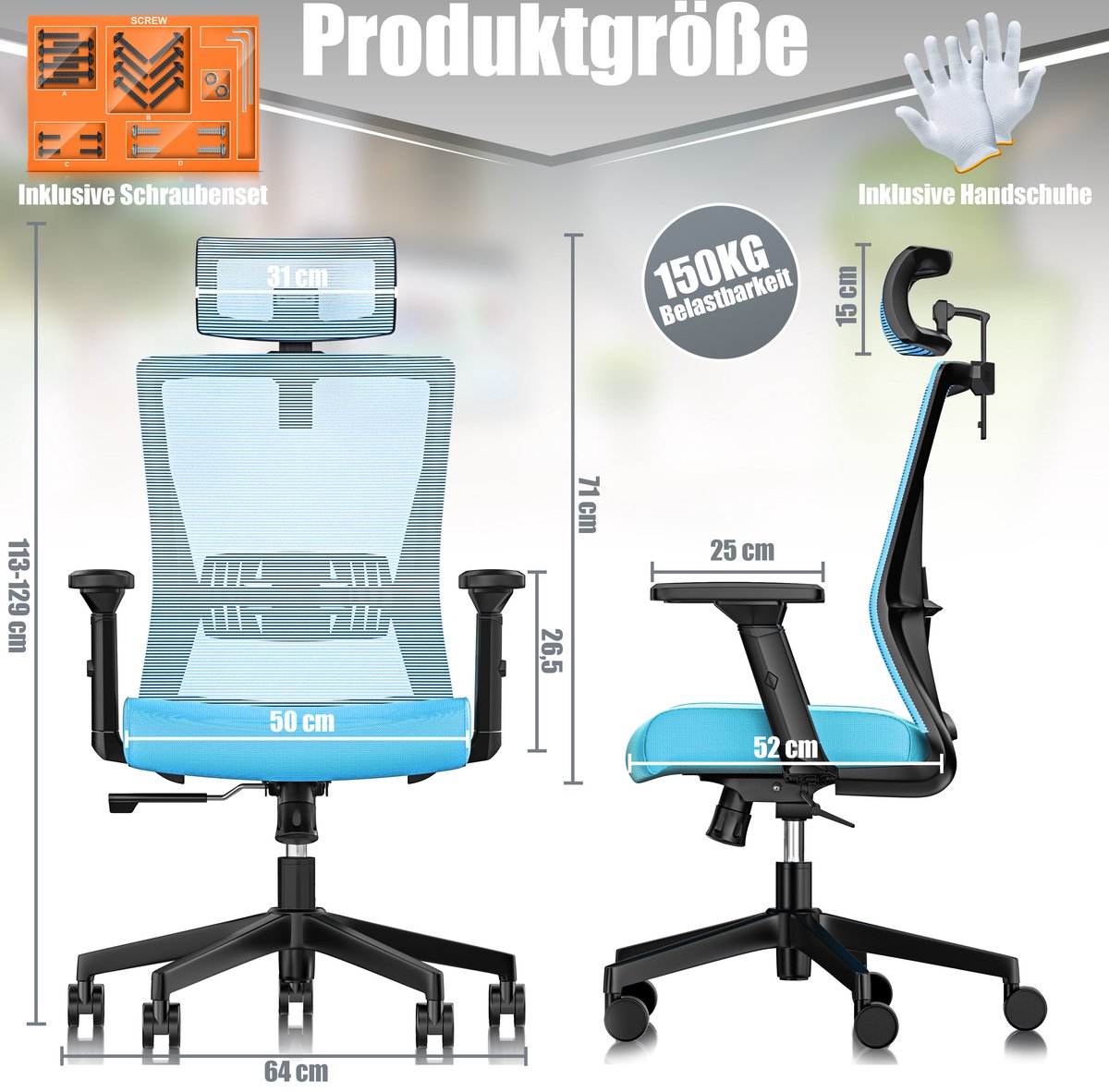 KESSER® Ergonomische Bureaustoel - Gamestoel - Office Chair - Blauw •