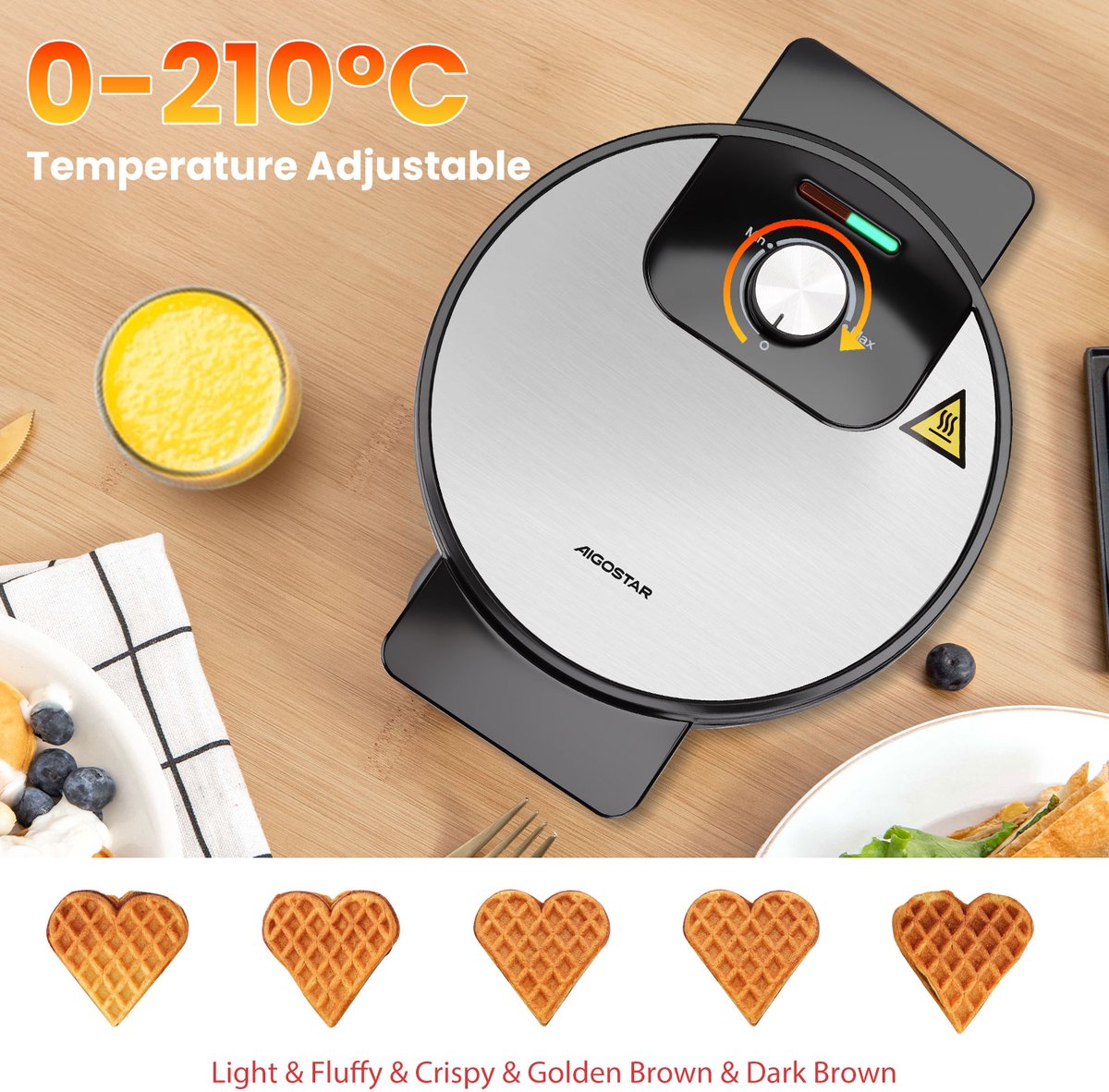 Aigostar Wafelijzer hartvorm- Met Regelbare Temperatuur - 1000W - Zwart - RVS - Crunchy