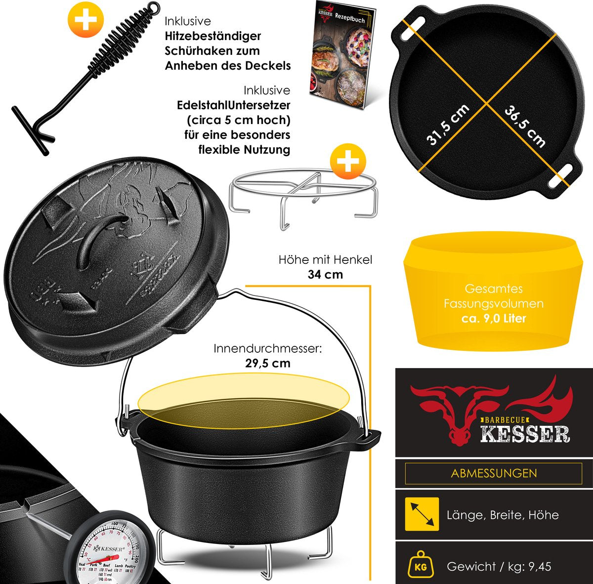 KESSER® Dutch Oven Set - 9L - Vuurpan - Stoofpan - Gietijzeren pan