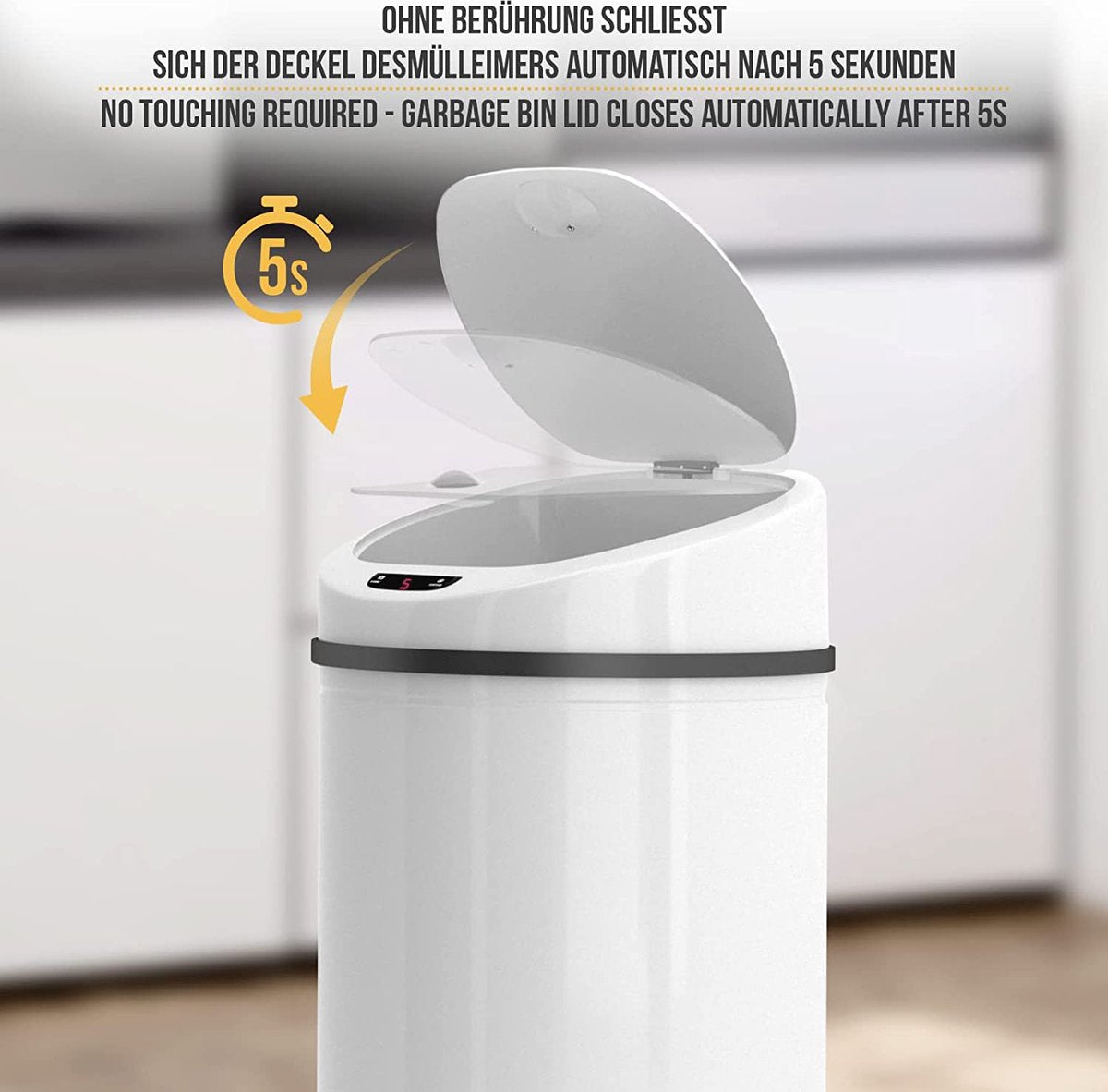 Jago- Vuilnisbak / Afvalbak met sensor - 50L - RVS - waterdicht met klemring - automatische prullenbak - Wit