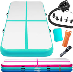 Opblaasbare PVC gym mat, Mintgroen, 5 x 1m, met elektrische luchtpomp, gymnastiekmat, trainingsmat, fitnessmat