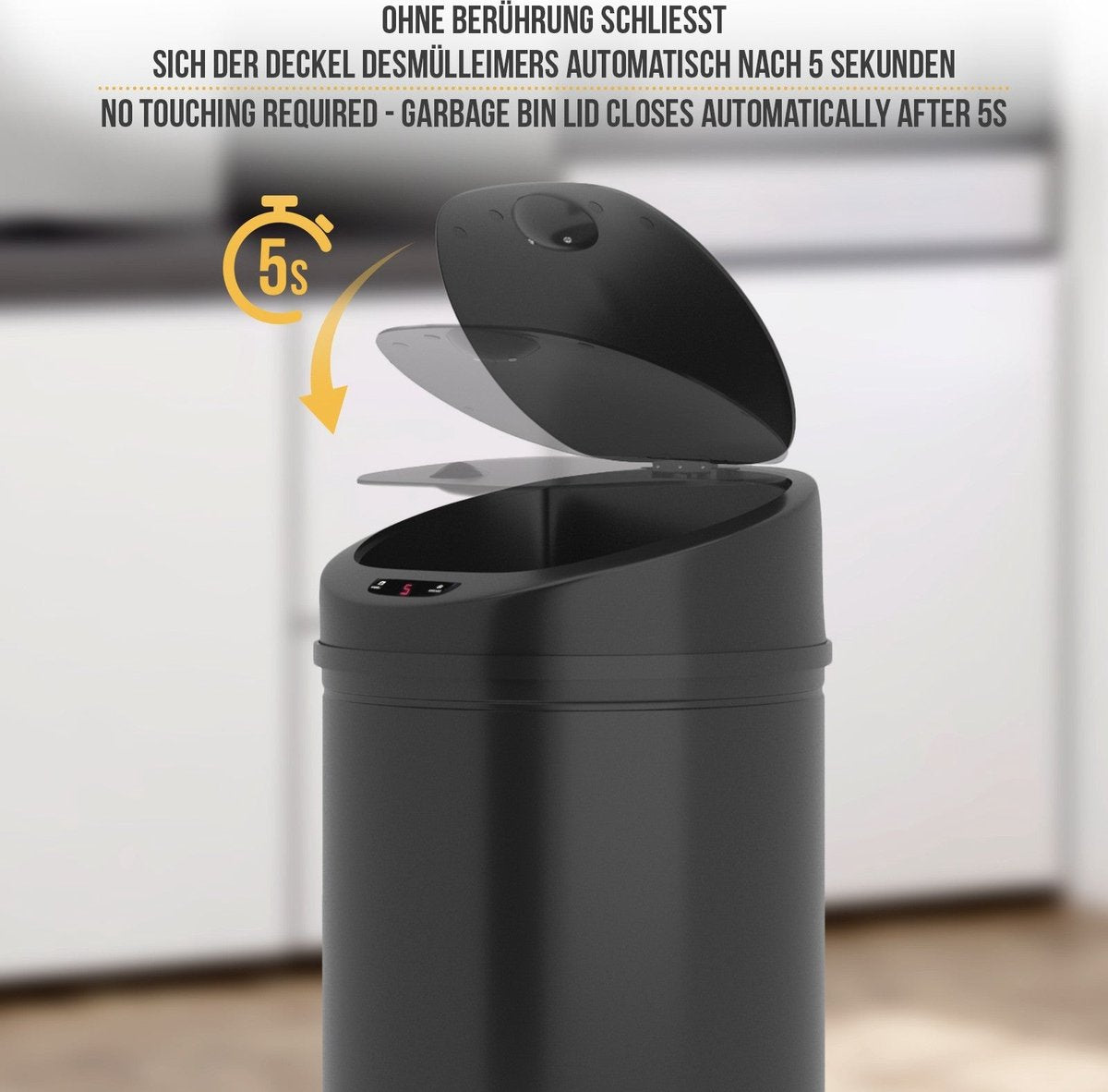 Jago Prullenbak met Sensor - Afvalbak - Vuilnisbak - RVS - LED-Display - 40 Liter - Zwart