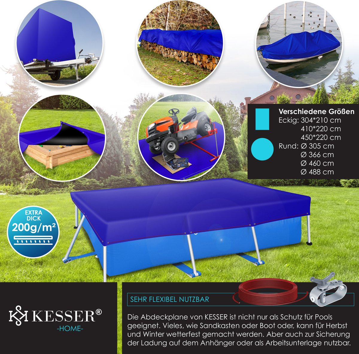 KESSER® Zwembad zonnezeil - Afdekzeil - 304x210cm - Blauw •