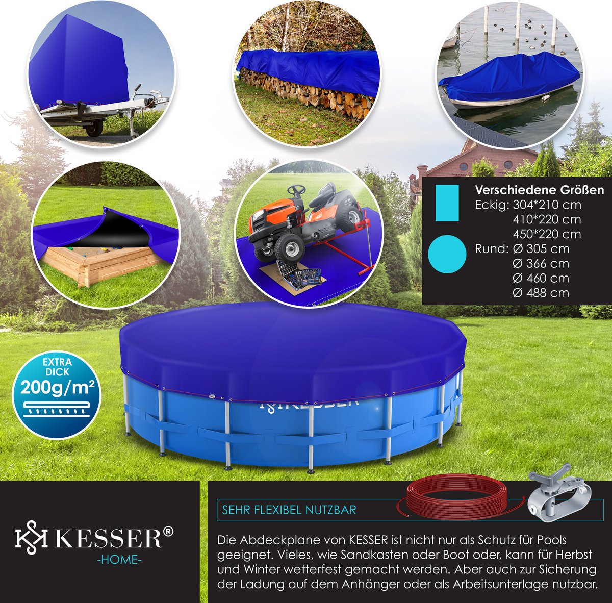 KESSER® Zwembadafdekking - Solar folie - Afdekzeil - Zwembadzeil gemaakt van 200g/m² PE-materiaal Incl. staalkabel + kabelspanner met oogjes Zonneafdekking UV-bestendig zomer & winter - Rond, 366 cm, Blauw / Zwart