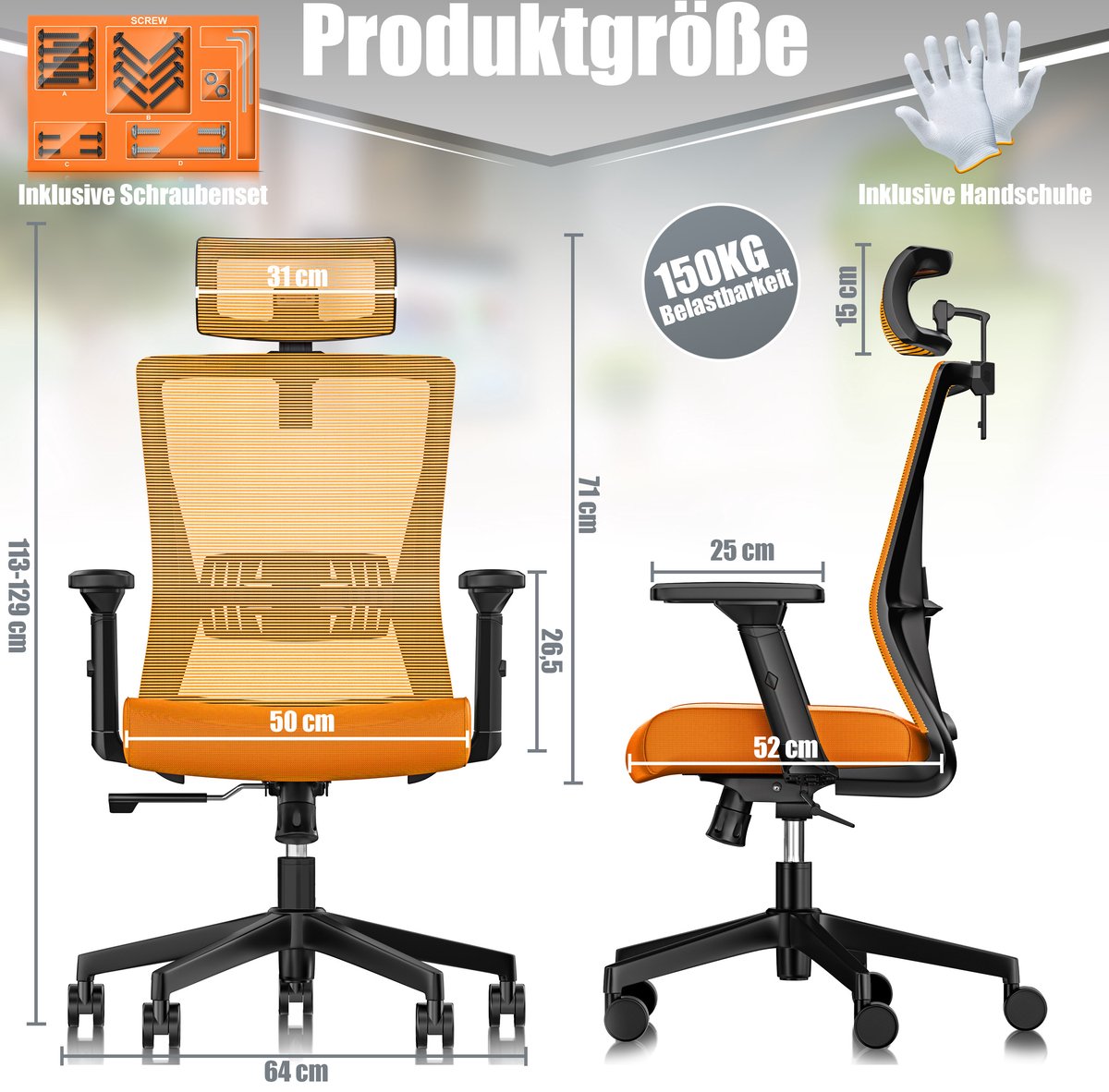 KESSER® Ergonomische Bureaustoel - Gamestoel - Office Chair - Oranje