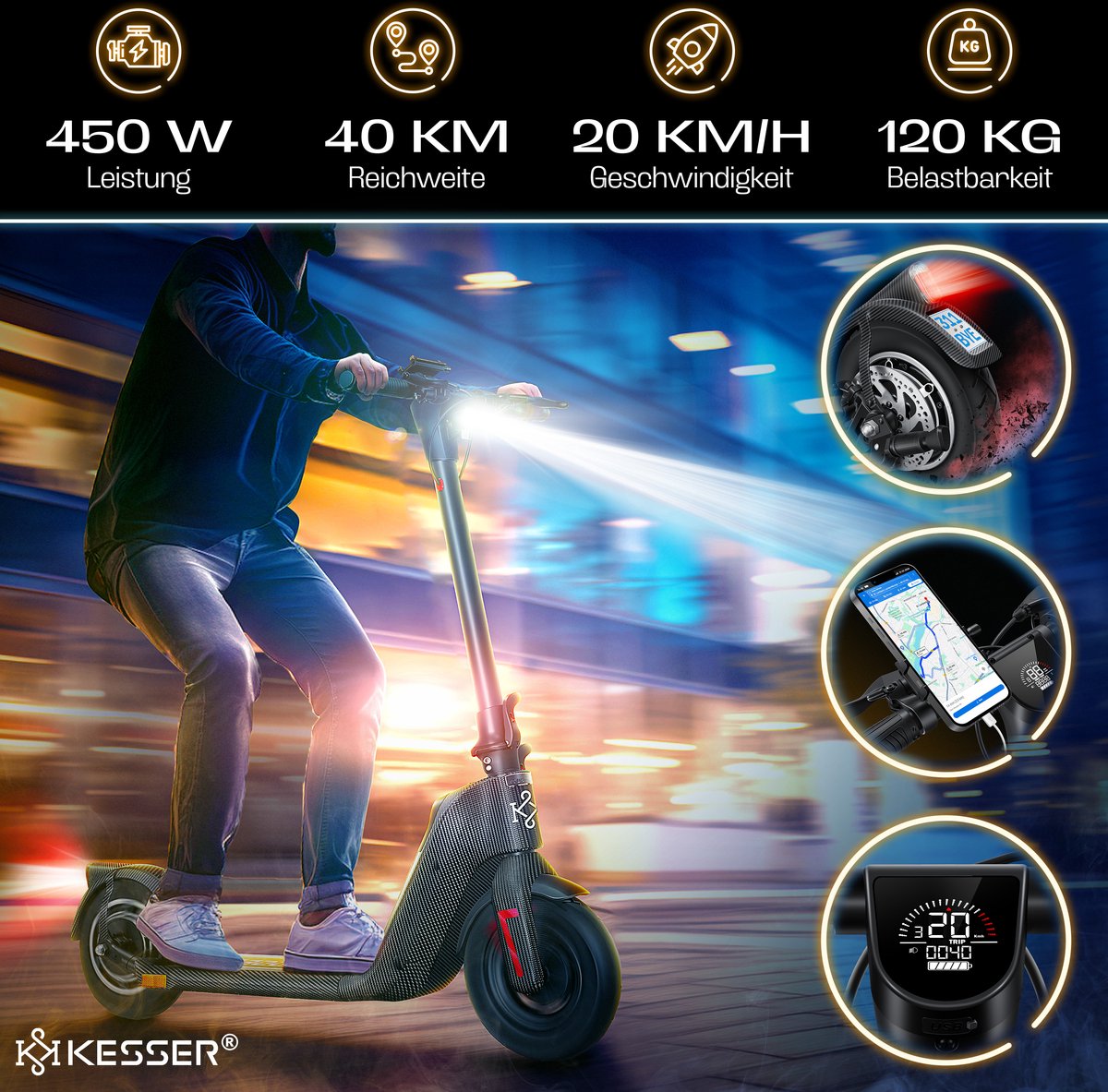 KESSER® Elektrische Step 10" E-Scooter Max. 25km/h - Electrische Scooter Bereik ±40km Opvouwbare 450W E-Step 10ah max. belasting tot 120 kg - Carboon