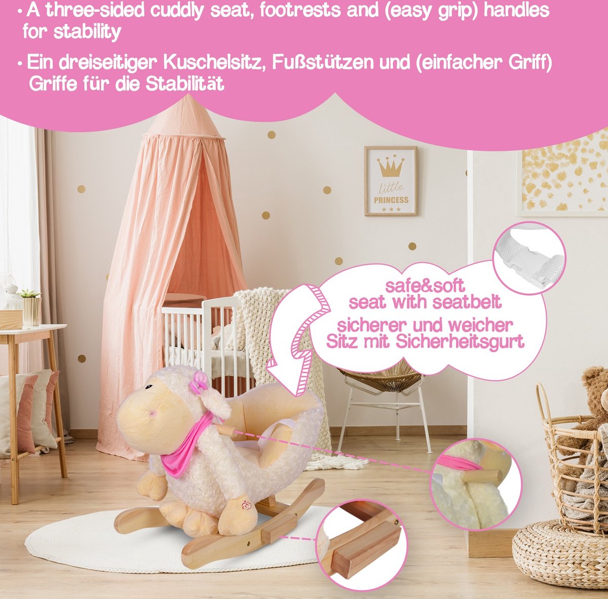 Infantastic - Hobbelpaard voor Baby en Kind - Schommel Schaap - Stevige Constructie - Knuffelzacht met Geluidseffecten - Wit/Roze