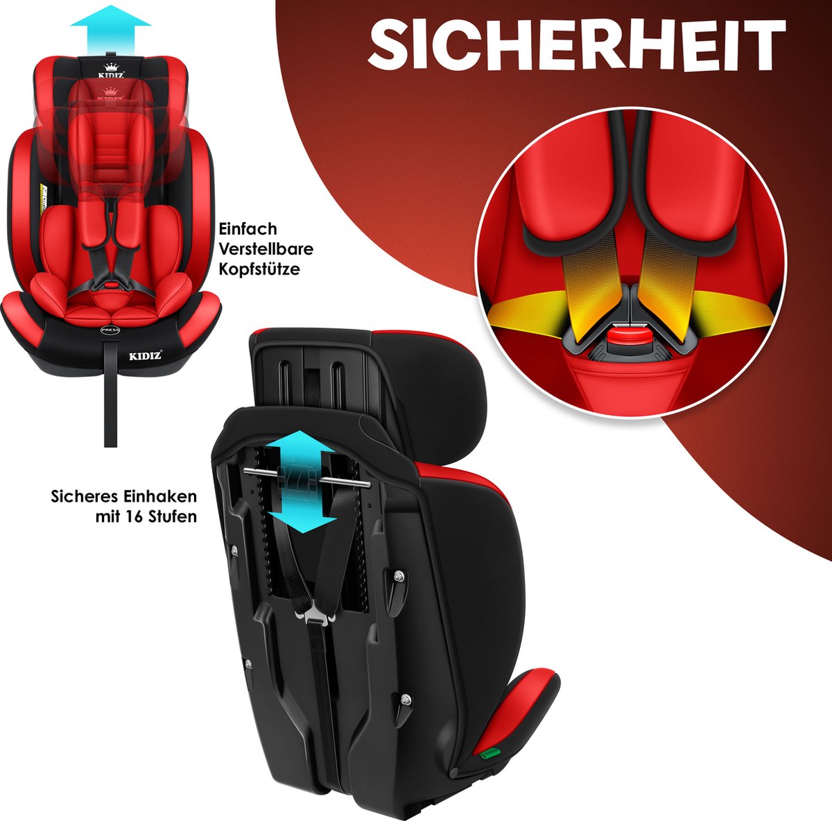 KIDIZ® Autostoeltje Groep 1+2+3  9-36 kg 5-punts veiligheidsgordel, Autostoeltje, Kinderzitje, Verstelbare Hoofdsteun | Stoelverhoger 1-12 jaar, Stabiel en Veilig - Rood