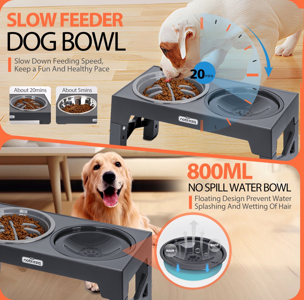 Nobleza Voerbak Hond - Drinkbak Hond - 7,5-31 cm Hoog - Grijs