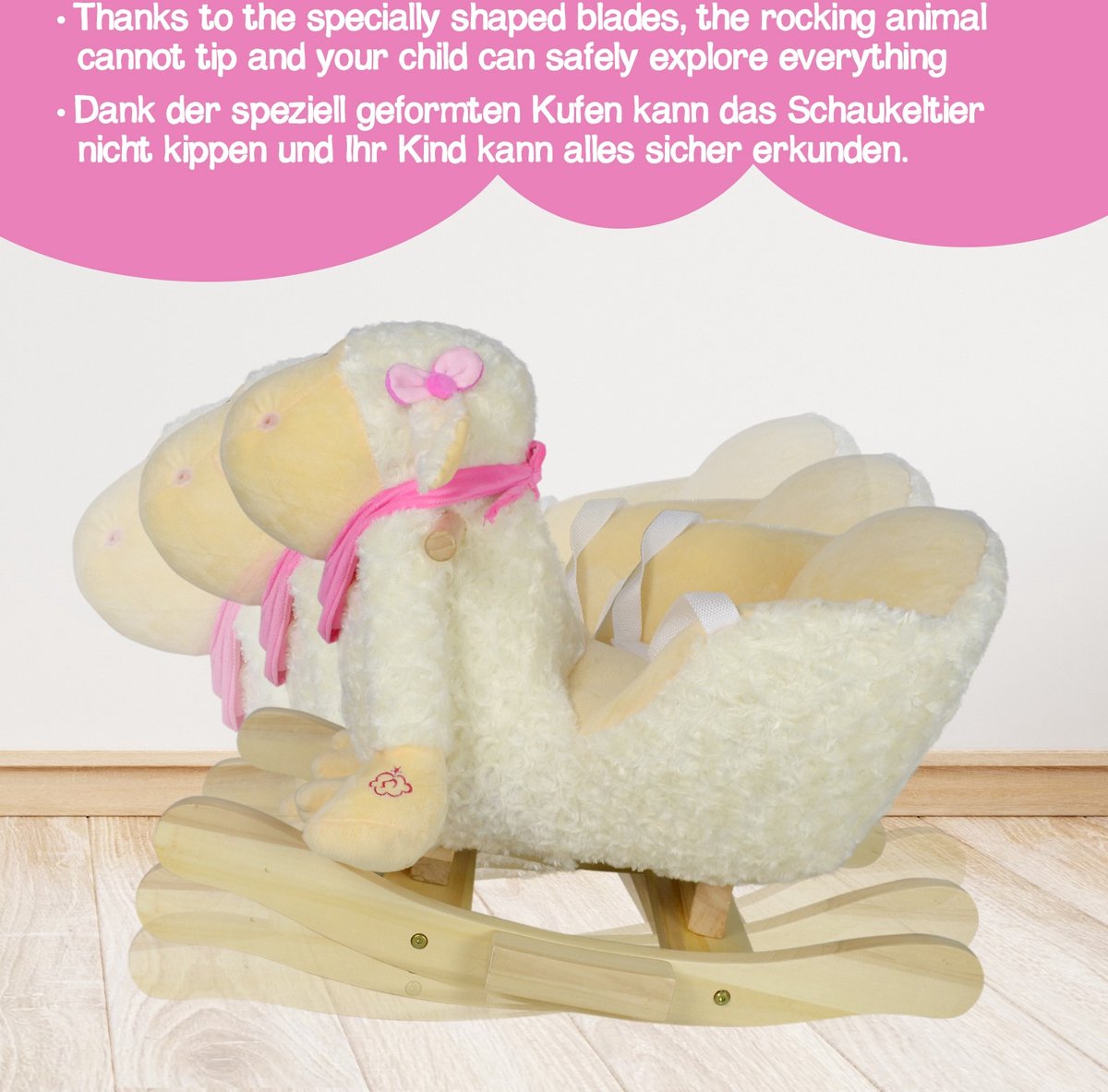 Infantastic - Hobbelpaard voor Baby en Kind - Schommel Schaap - Stevige Constructie - Knuffelzacht met Geluidseffecten - Wit/Roze