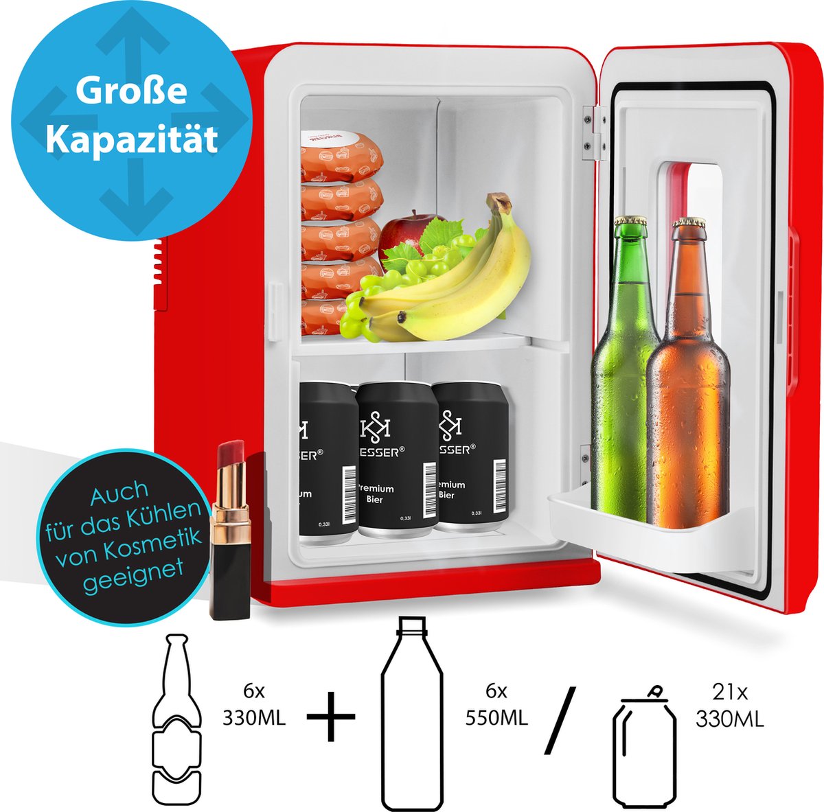 KESSER® Tafelmodel Koelkast 15 Liter AC DC 220-240V en 12V - Mini Koelkast Vrijstaand met Verwarmingsfunctie - Koelbox ideaal voor Auto en camperen - Rood