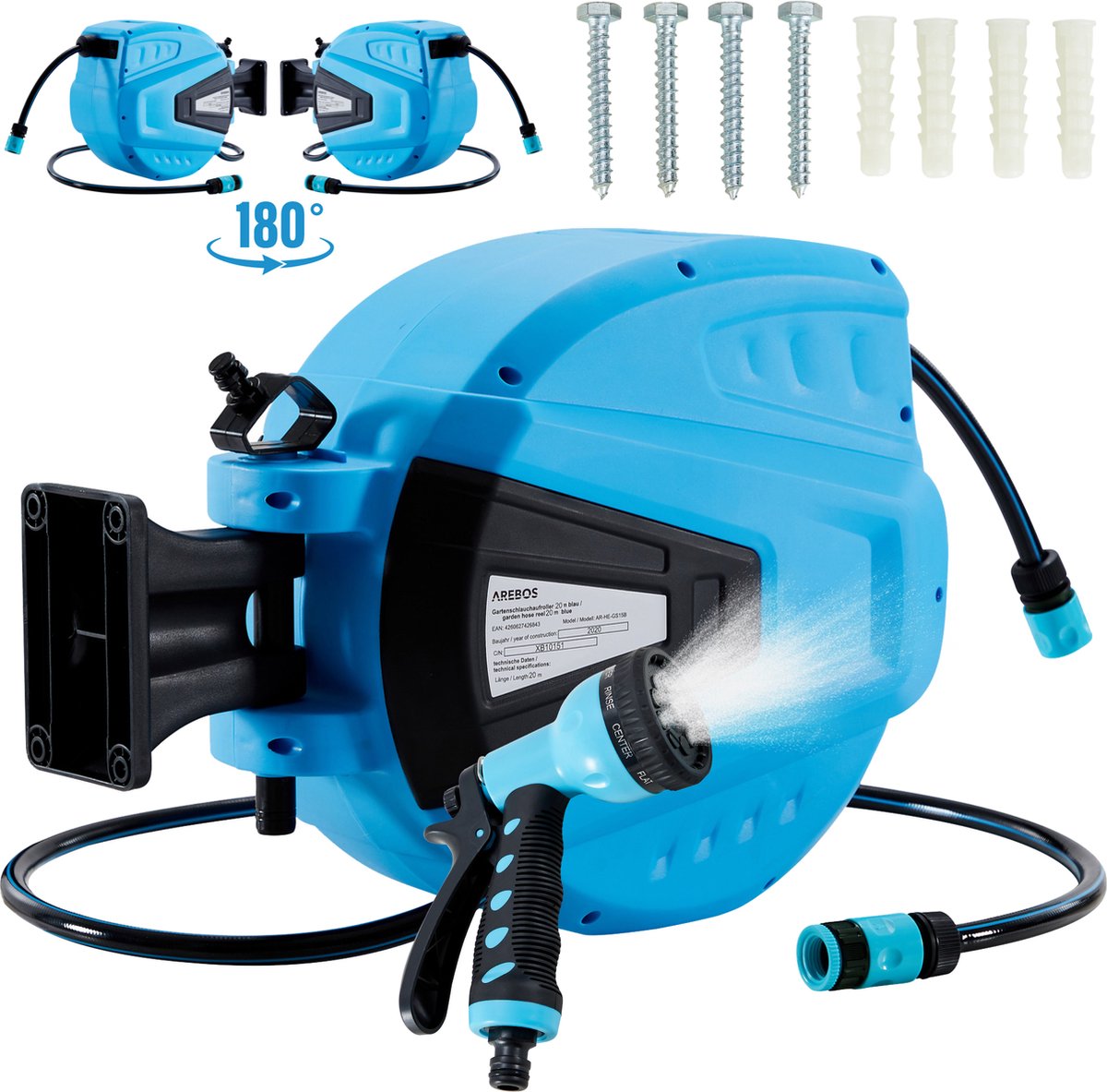 AREBOS Tuinslanghaspel - Tuinslang - Waterslangslang met Snelkoppeling - 20 m - Blauw