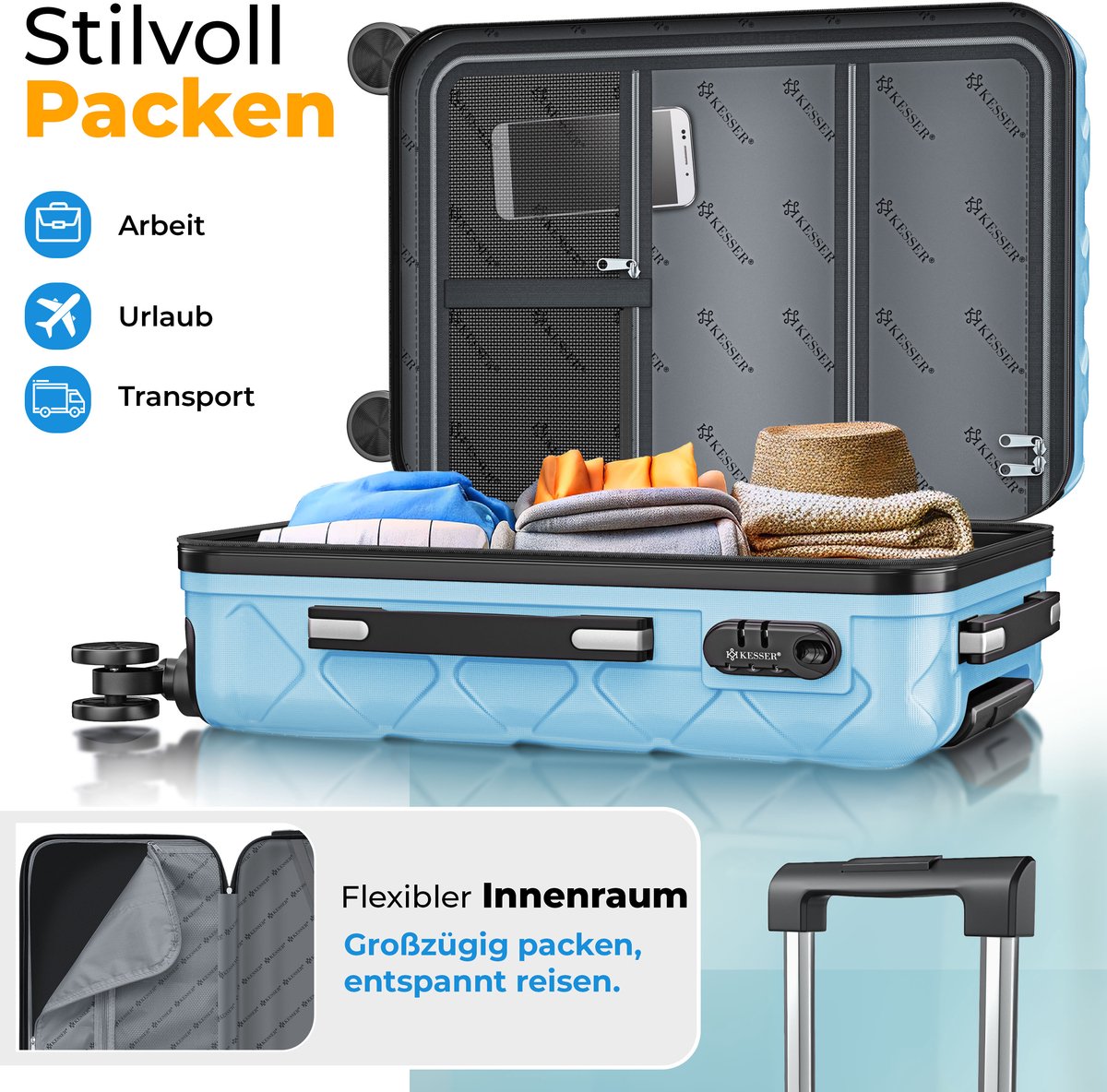 KESSER® Reiskofferset - 4-delig - ABS- Kofferset - Blauw •