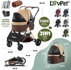 LOVPET® Hondenbuggy 3-in-1 - Opvouwbare Hondenwagen - Bruin/Champagne - 32kg
