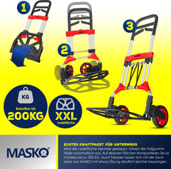 MASKO® Steekwagen opvouwbaar 200 kg Laadvermogen - Massief Rubber Wielen + 2x Uitzettouwen + Handschoenen - In Hoogte Verstelbare Handgreep - Ruime Laadruimte - Aluminium Transportkar - Rood