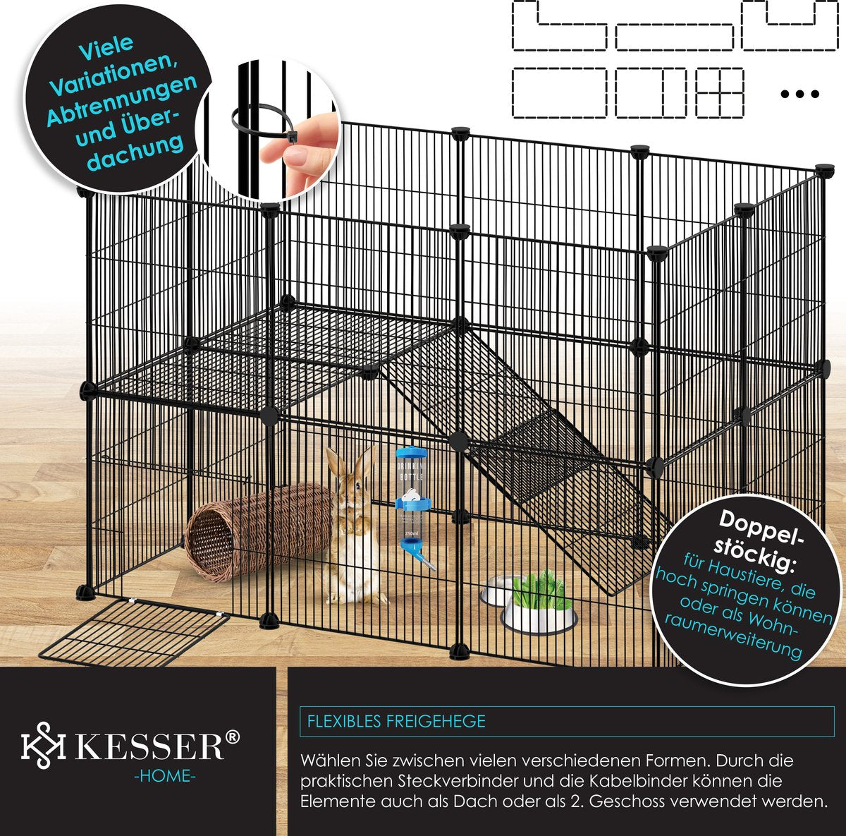 KESSER® Konijnenren - Konijnenhok - 36x216x216 cm - Binnen & Buiten - Zwart