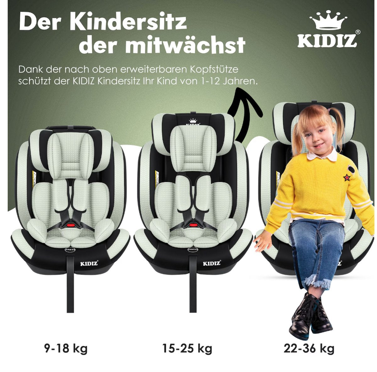 KIDIZ® Autostoeltje - 5-punts veiligheidsgordel - Groen