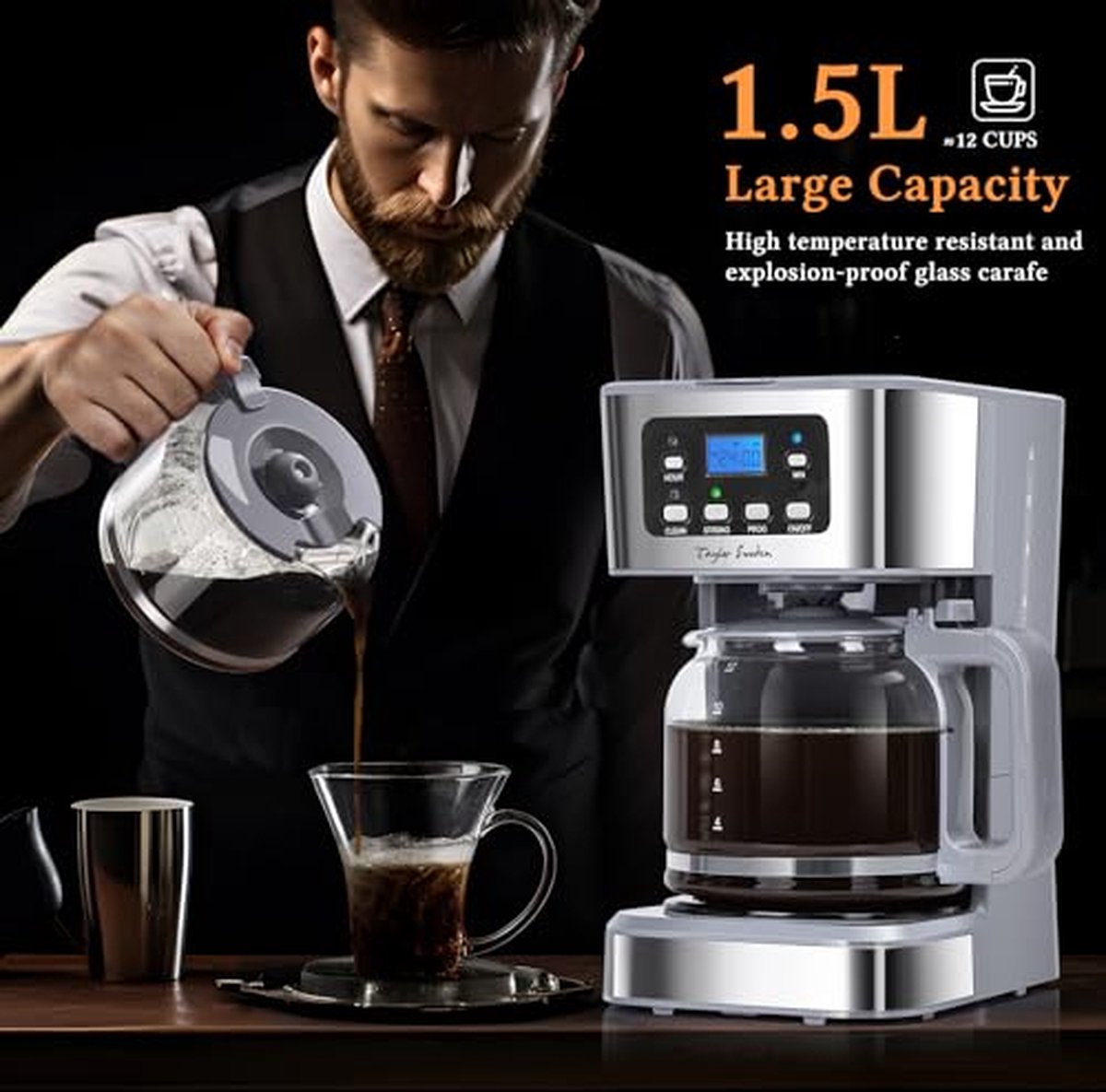 Taylor Swoden Pewter - Koffiezetapparaat - Filterkoffie - 1.5L/ 12 Kopjes - met Glazen Kan - Instelbare Koffie Sterkte - 950W - RVS